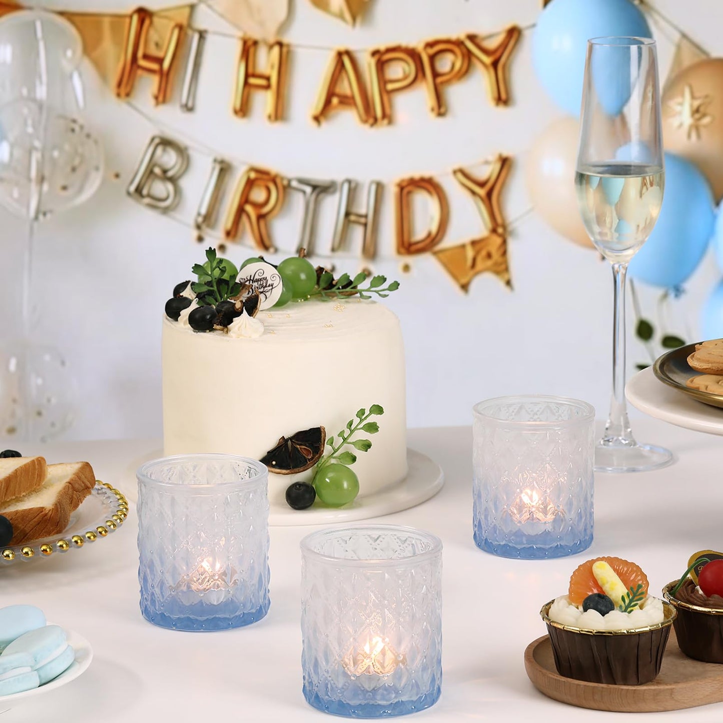 6 Pcs Blue Gradient Votive Candle Holders Glass Tea Light Candles Holder Light Blue Ombre Large Candle Holders for Bridal Shower, Wedding Table Centerpiece, Birthday Party Home Decor