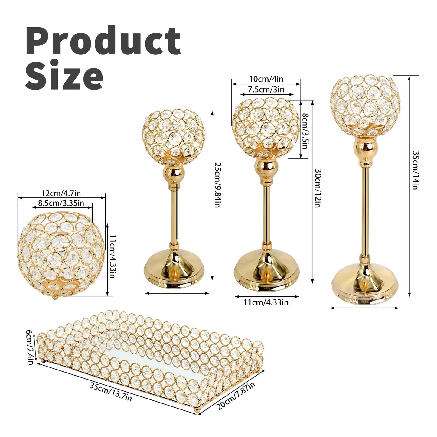 UCEHIPAW 5 Pack Golden Crystal Candle Holders Table Centerpieces with Rectangular Mirror Tray Elegant Tea Light Candelabras for Dining Room Decoration Wedding Holiday Birthday Party