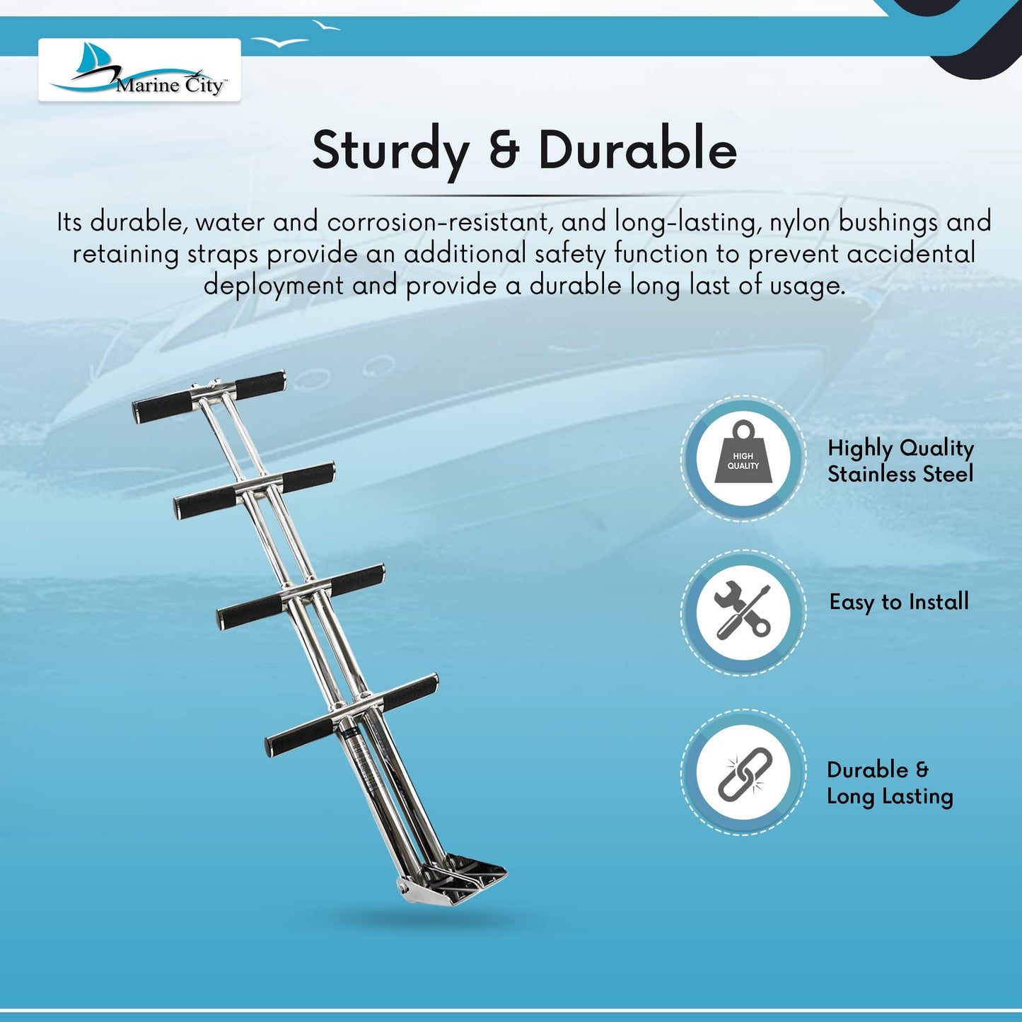MARINE CITY 4-Step Telescoping Swim Platform Ladder – 304 Stainless Steel, Flip-Up Design, Anti-Slip Steps, 42" Pull-Out Length for Boats & Marine Use (Pack of 1)