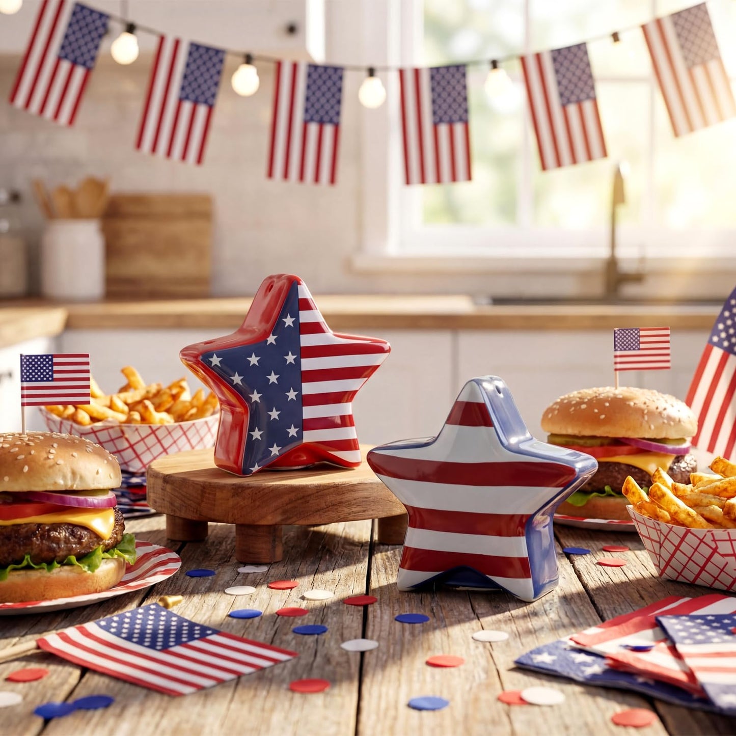RimCereal 2 Pcs 4th of July Star Shaped Salt and Pepper Shakers with American Flag Decor 3 Inch Patriotic Memorial Day Ceramic Salt and Pepper Shakers Set Red White Blue Decorations for Home Kitchen