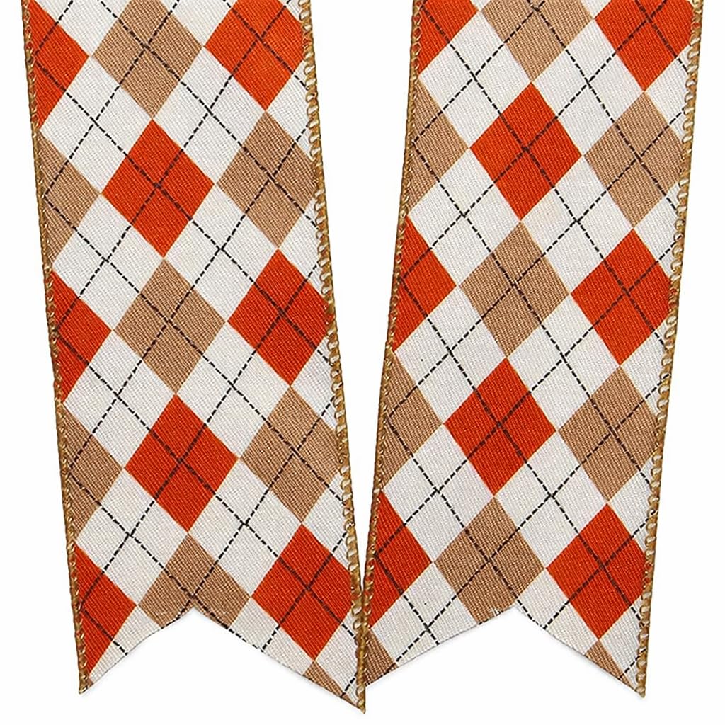 Autumn Harlequin Plaid Decorative Ribbon - 2 1/2" x 10 Yards, Wired Edge, Orange, Brown, White, Black Stitched, Fall Decor, Halloween, Thanksgiving, Christmas, Farmhouse, Garland, Gifts, Wreath, Bows