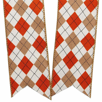 Autumn Harlequin Plaid Decorative Ribbon - 2 1/2" x 10 Yards, Wired Edge, Orange, Brown, White, Black Stitched, Fall Decor, Halloween, Thanksgiving, Christmas, Farmhouse, Garland, Gifts, Wreath, Bows