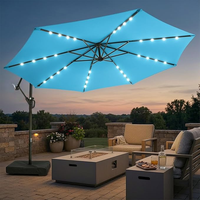 wikiwiki 10ft Solar LED Patio Umbrella with Base Included, Offset Umbrella with Weighted Sandbag Base, Cantilever Patio Umbrellas for Backyard, Garden & Deck, 32 LED Lights & Polyester Shade, Sky Blue