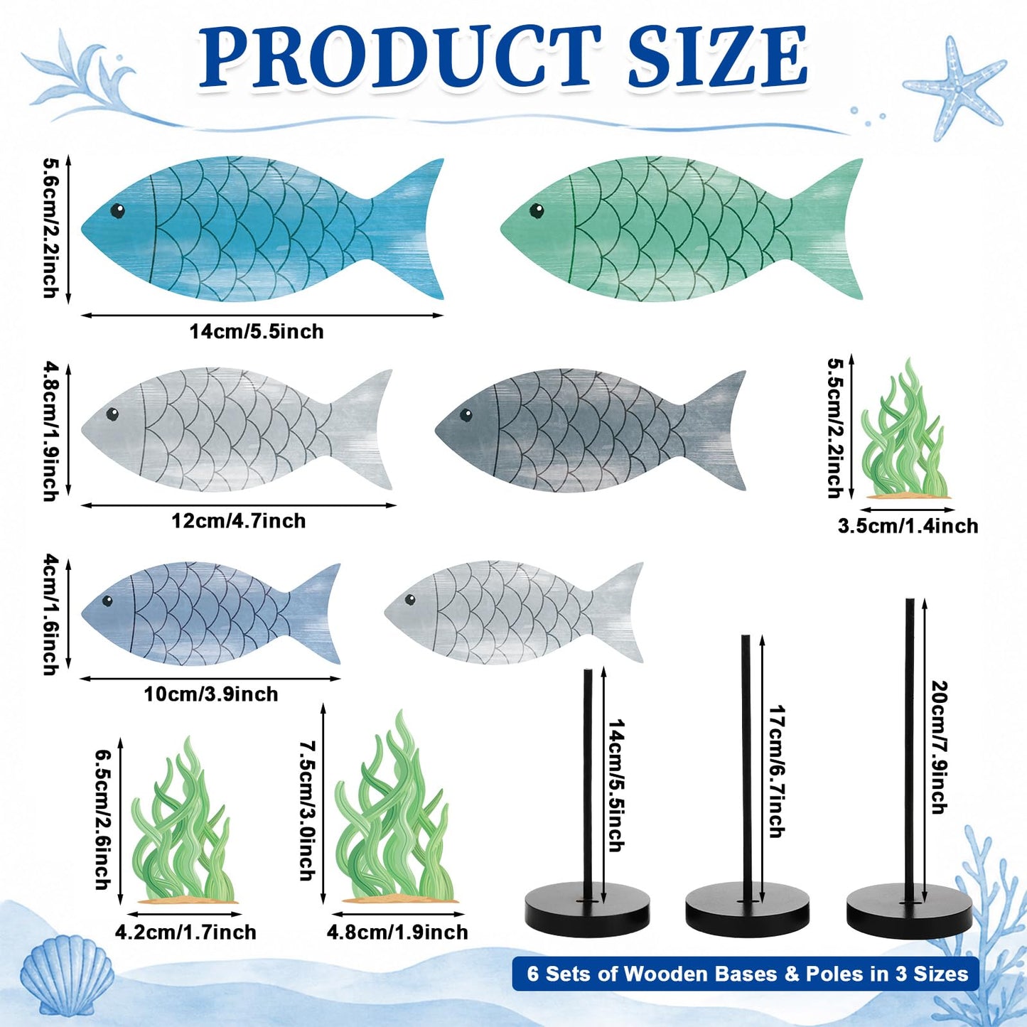 6Pcs Wooden Fish Table Decor with Seaweed Summer Ocean Theme Centerpiece Sea Animal Standing Sign Rustic Wood Fish Tabletop Decor Accents Coastal Home Office Bedroom Kitchen Table Shelf Desk