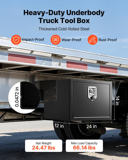 VEVOR Underbody Truck Tool Box, 24 x 12 x 14 Inch Heavy Duty Steel Trailer Storage Box with Lock & Keys, Waterproof Trailer Storage Organizer Under Body Chest with T-Handle for Truck, Van, SUV, Black