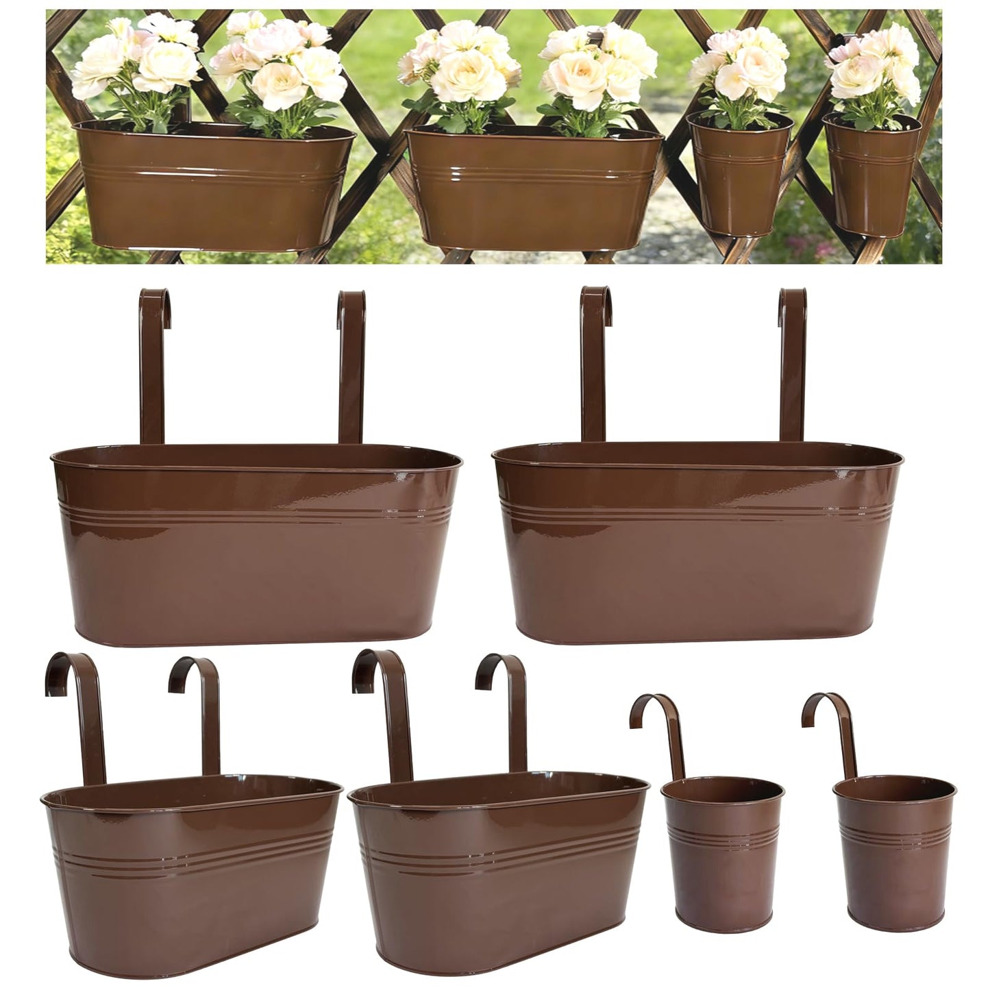 Joyfernal Set of 6 Balcony Hanging Planters, 2 Pcs 17" Metal Railing Flower Pots & 2 Pcs 12" Deck Planter & 2 Pcs 4" Fence Pot for Outdoor Patio Garden Décor, Chocolate