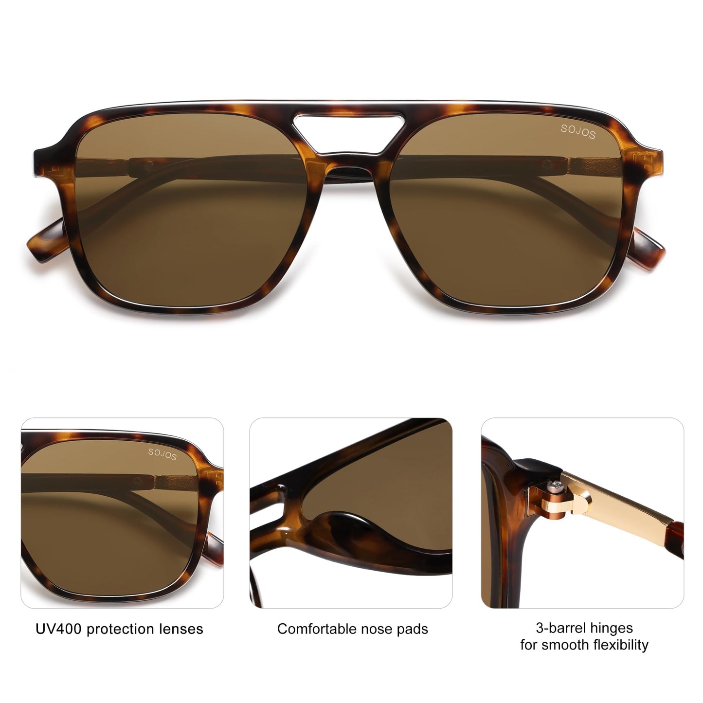 SOJOS Retro Aviator Sunglasses for Women Men,Trendy Rectangle Womens Mens Shades Sun Glasses SJ2202 Coffee Tortoise Frame Coffee Lens