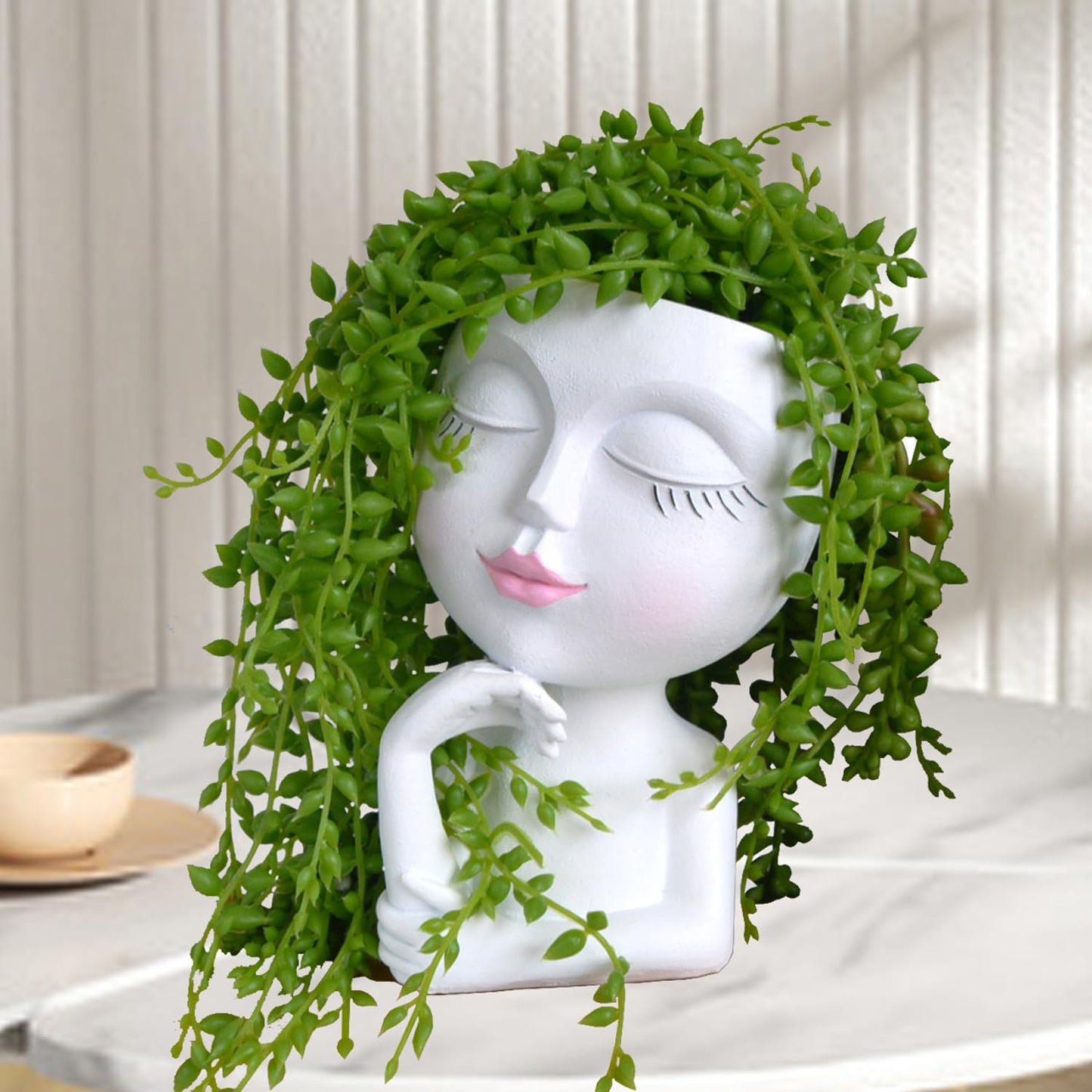 Thinking Face Planter, Funny Plant Pots, Cute Head Flower Pot with Drainage for Indoor Outdoor Succulent/Herb, Unique Minimalist White Vase, Garden Home Office Desk Shelf Art Decor, Women Gift 7"