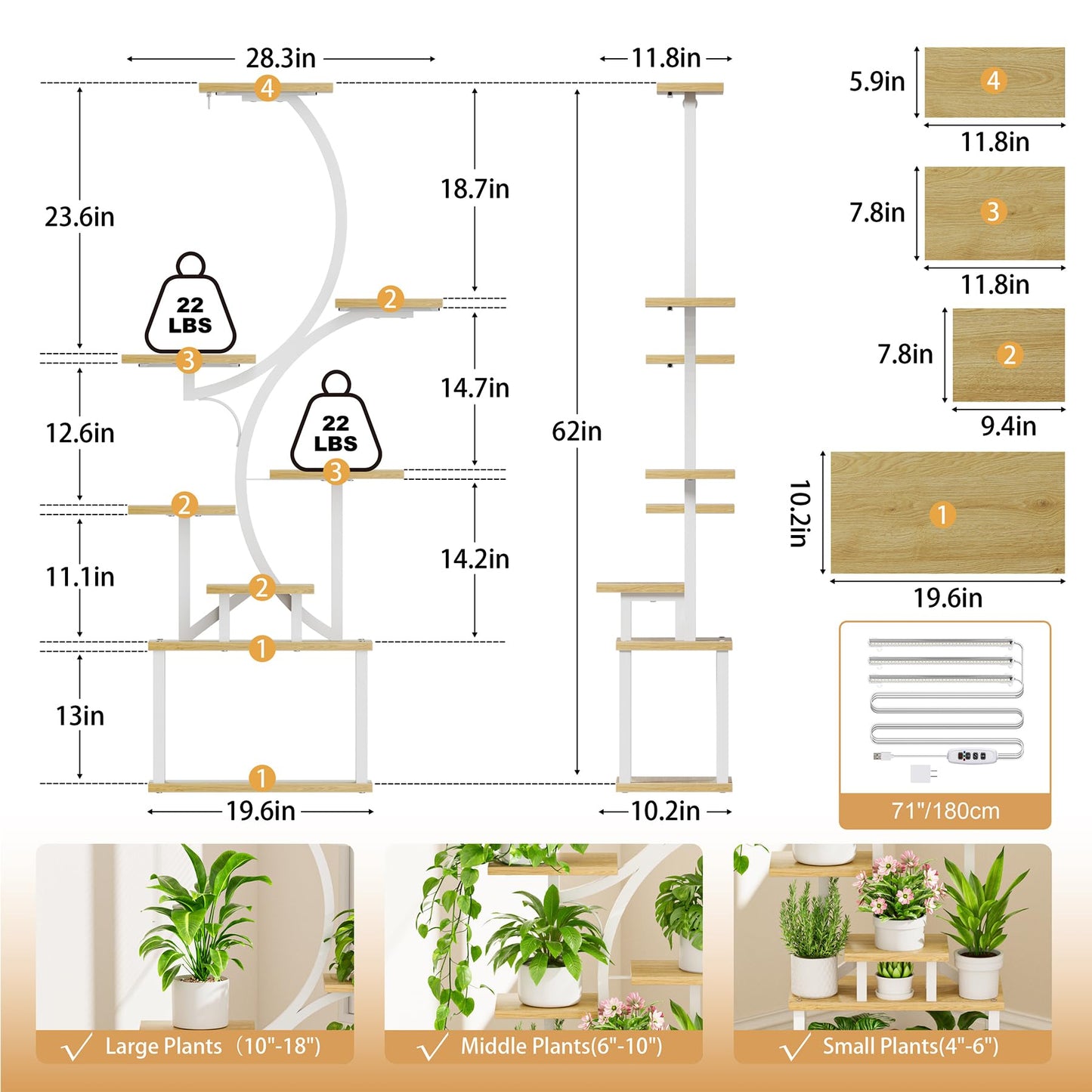 Plant Stand Indoor with Grow Lights - 62" Tall Plant Shelf, Lighted Corner Plant Stands for Indoor Growing, 8 Tiered Large Flower Holder, S-Shaped Plants Rack for Living Room, Patent Design, Natural