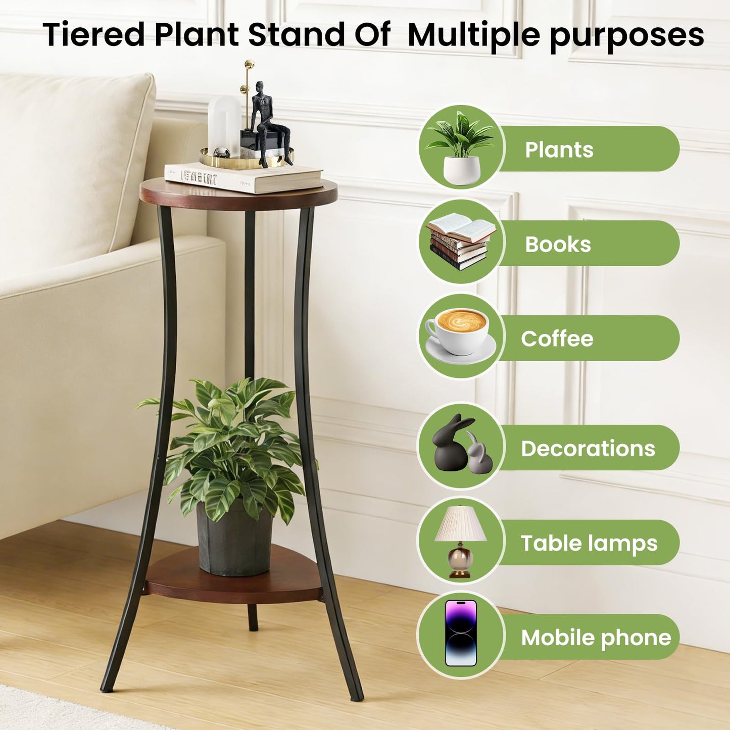 Yedcxup Tall Plant Stand Indoor, 2-Tier Wooden Corner Plant Shelf with Walnut Panel & Black Metal Frame, Easy Assembly No Misalignment, Waterproof for Indoor/Outdoor Use in Living Room, Balcony, Patio