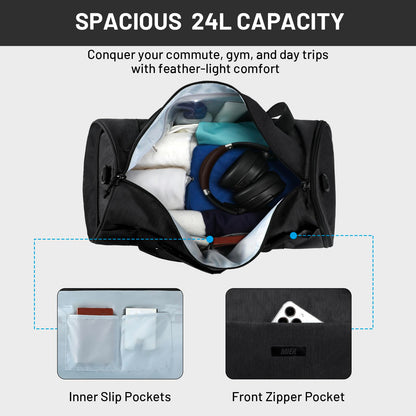 MIER Gym Bag Round Duffle Bag with Shoe Compartment & Wet Pocket, Lightweight Carry on Duffel for Men Women Workout Fitness Travel Sports, 24L, Black