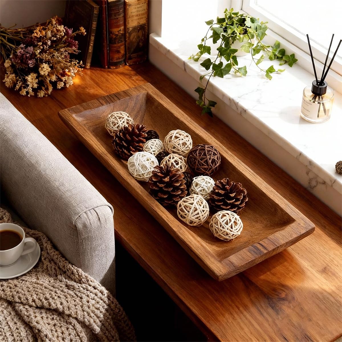 ZJSYTQS Wooden Decorative Dough Bowl For Home Decor, long Wooden Bowl for EntryWay Table,Coffee Table Decor for tv stand, Living Room,Kitchen Table Centerpieces(Brown)
