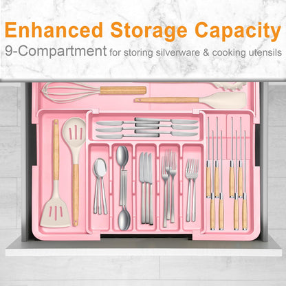 Homecor Silverware Organizer - Expandable Large Kitchen Drawer Organizer Utensil Organizer with 2 Removable Knife Blocks, 22"x 19"Cutlery Tray Drawer Dividers for Kitchen Flatware(6-9 Slots) (Black)