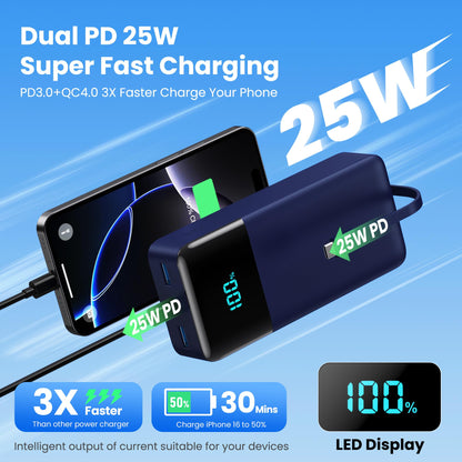 Portable Charger 50800mAh Power Bank with 3 Built in Cables,25W PD QC4.0 Fast Charging USB C Battery Pack,6 Outputs 2 Inputs Travel Essentials Portable Phone Charger for iPhone 17/16/15,Google,Android
