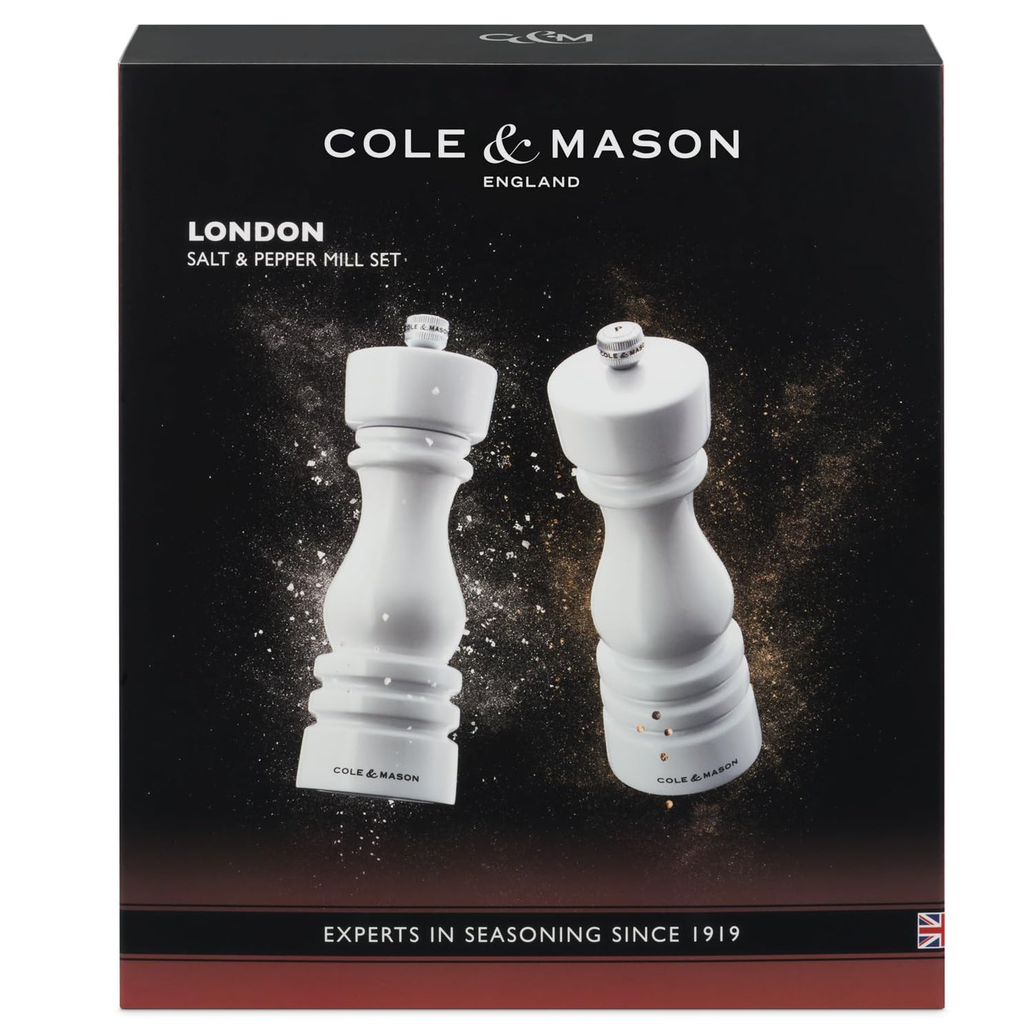 Cole & Mason H233095 London White Gloss Salt and Pepper Mill Set, Precision+ Carbon/Ceramic Mechanisms, Salt and Pepper Grinders with Adjustable Grind, Beech Wood, 180mm, Gift Set