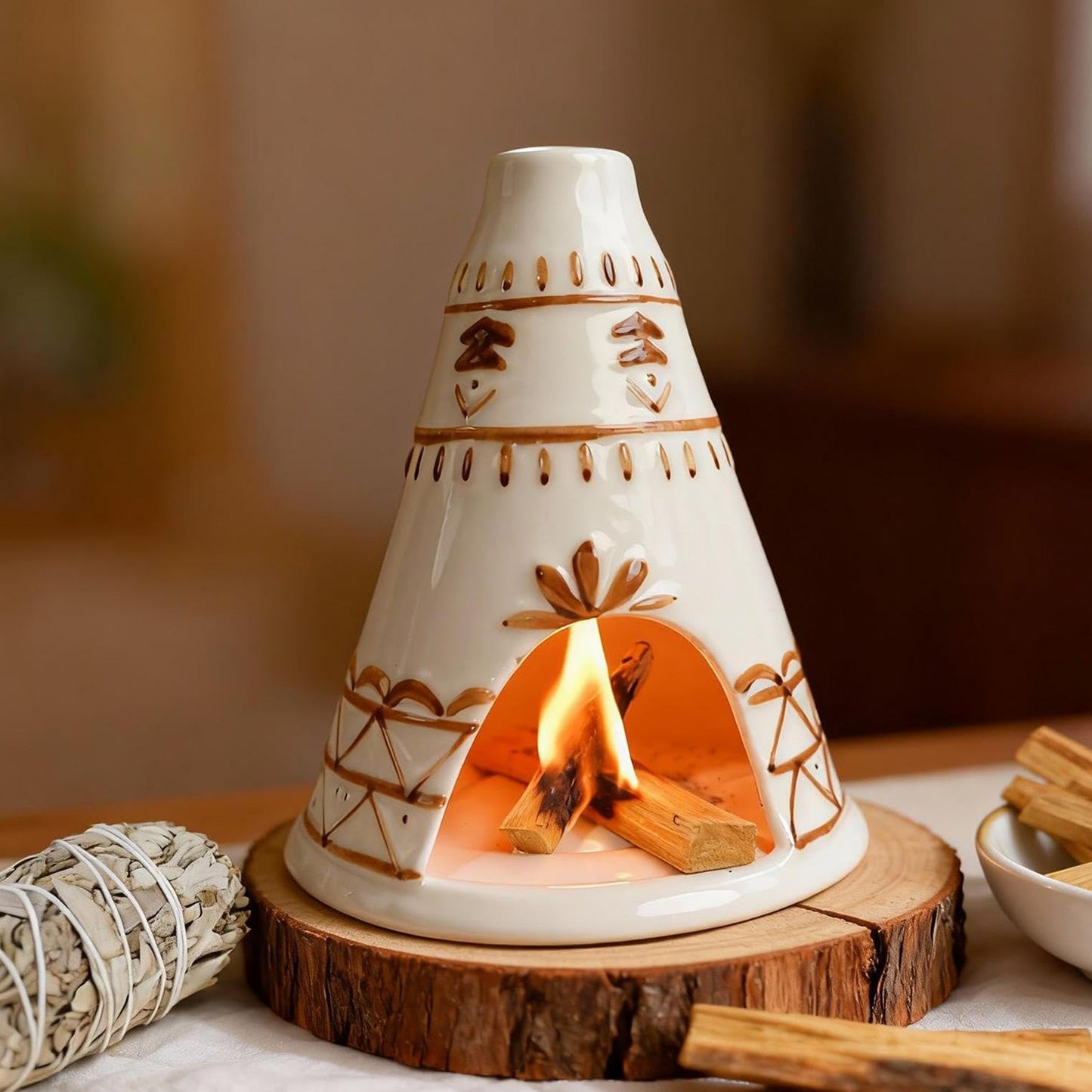MOUGIGI Handcrafted Palo Santo Holder Ceramic Chimney Incense Burner - Tent Shape - Safe for Palo Santo Sticks Sage & Incense Cones for Meditation Yoga Zen Altar Aromatherapy - Thoughtful Gift Idea