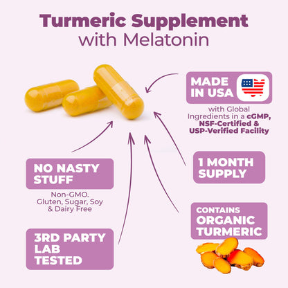 Turmeric Supplement - Turmeric Curcumin with Black Pepper, Melatonin 3mg & Valerian. Natural Sleep Aid for Adults with L-Theanine, Ginger, Valerian Root Capsules. Aids Relaxation and Mood. 60 Capsules