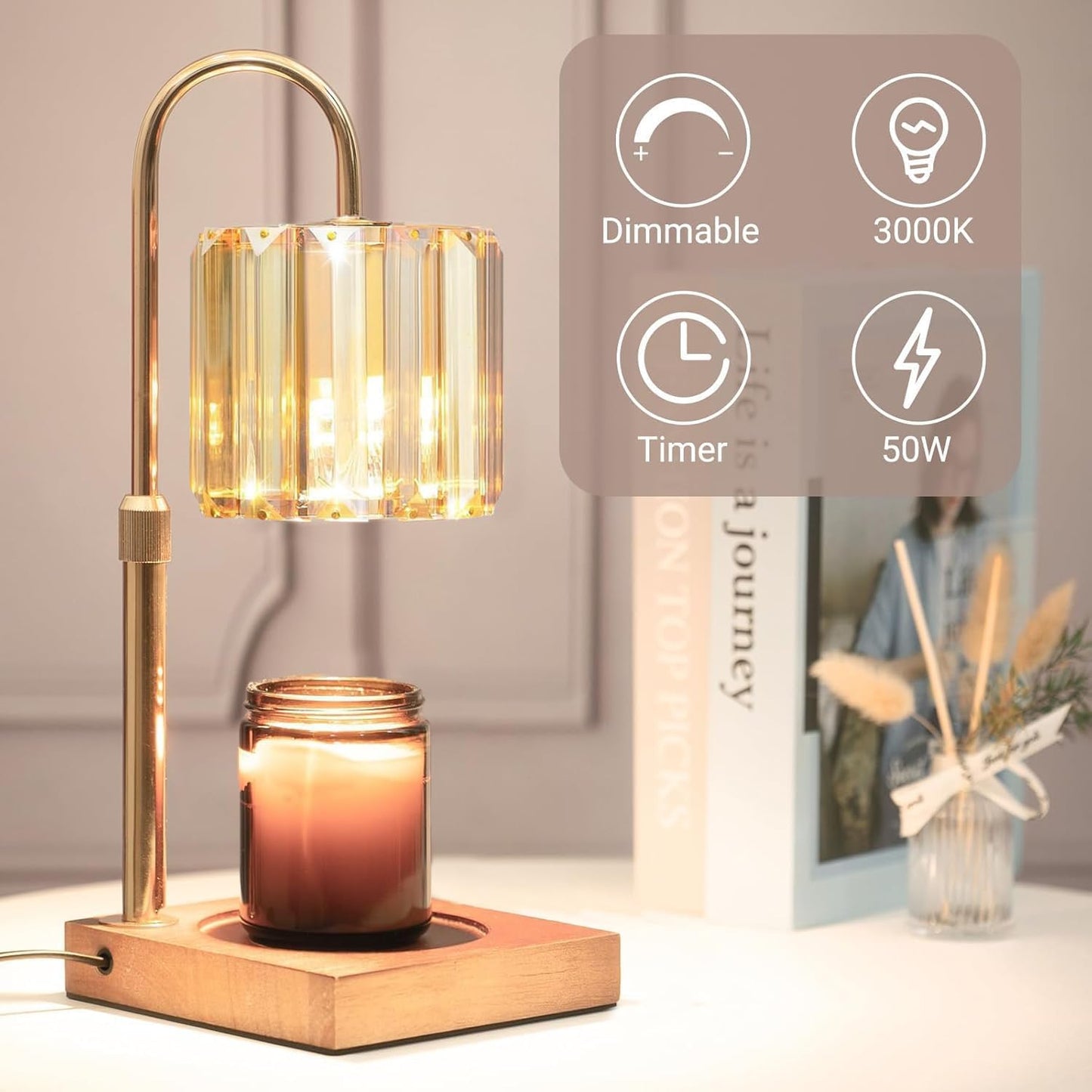 Yuichoy Candle Warmer Lamp with Timer, Dimmable Electric Candles Wamer Adjustable Height, Gifts for Women Mom, Glass Modern Candle Melter Lamp, Amber