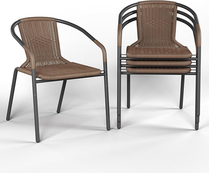 Amopatio Outdoor Dining Chairs Set of 4, Stackable Patio Chairs, Rattan Wicker Patio Dining Chairs Set of 4, Bistro, Deck, Yard, Porch, Brown