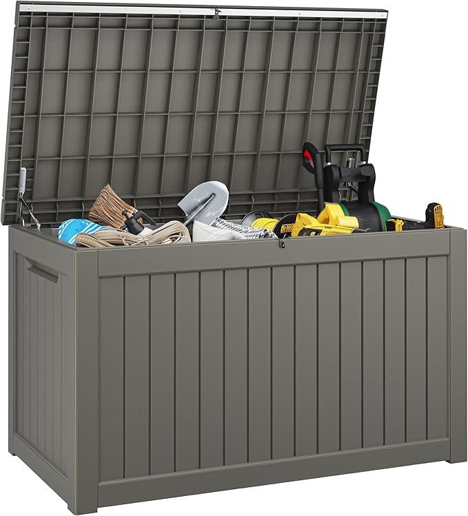 Outdoor Storage Box, Resin Deck Boxes Indoor and outdoor, Waterproof Storage Box Lockable Lid (Grey,270 Gallon)