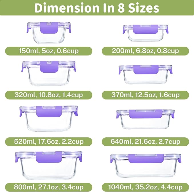 HOMBERKING 8 Pack Glass Food Storage Containers