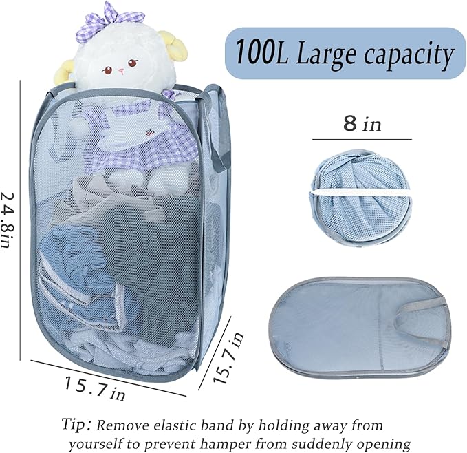 Upgraded 100L Extra Large Collapsible Laundry Baskets, 2 Pack XL Mesh Pop Up