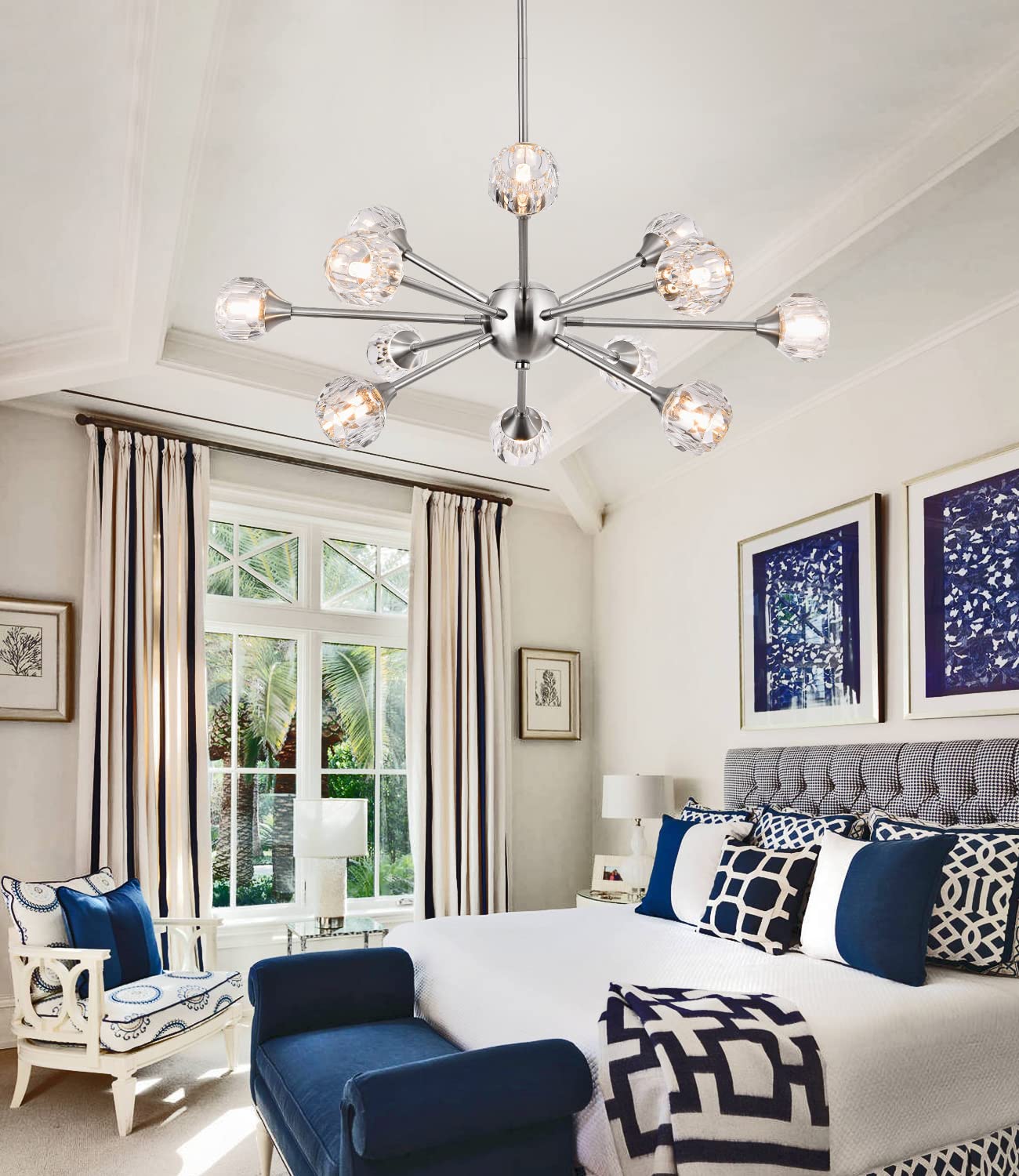 MKONOL Modern Sputnik Crystal Chandelier, 12-Light Brushed Nickel Firework Chandelier, Mid Century Dandelion Pendant Light Fixture for Dining Room, Living Room, Bedroom, G9 Base (Bulbs Not Included)