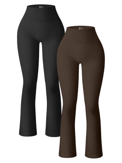 OQQ Women's 2 Piece Yoga Pants Ribbed Seamless Workout High Waist Bell Bottoms Flare Leggings