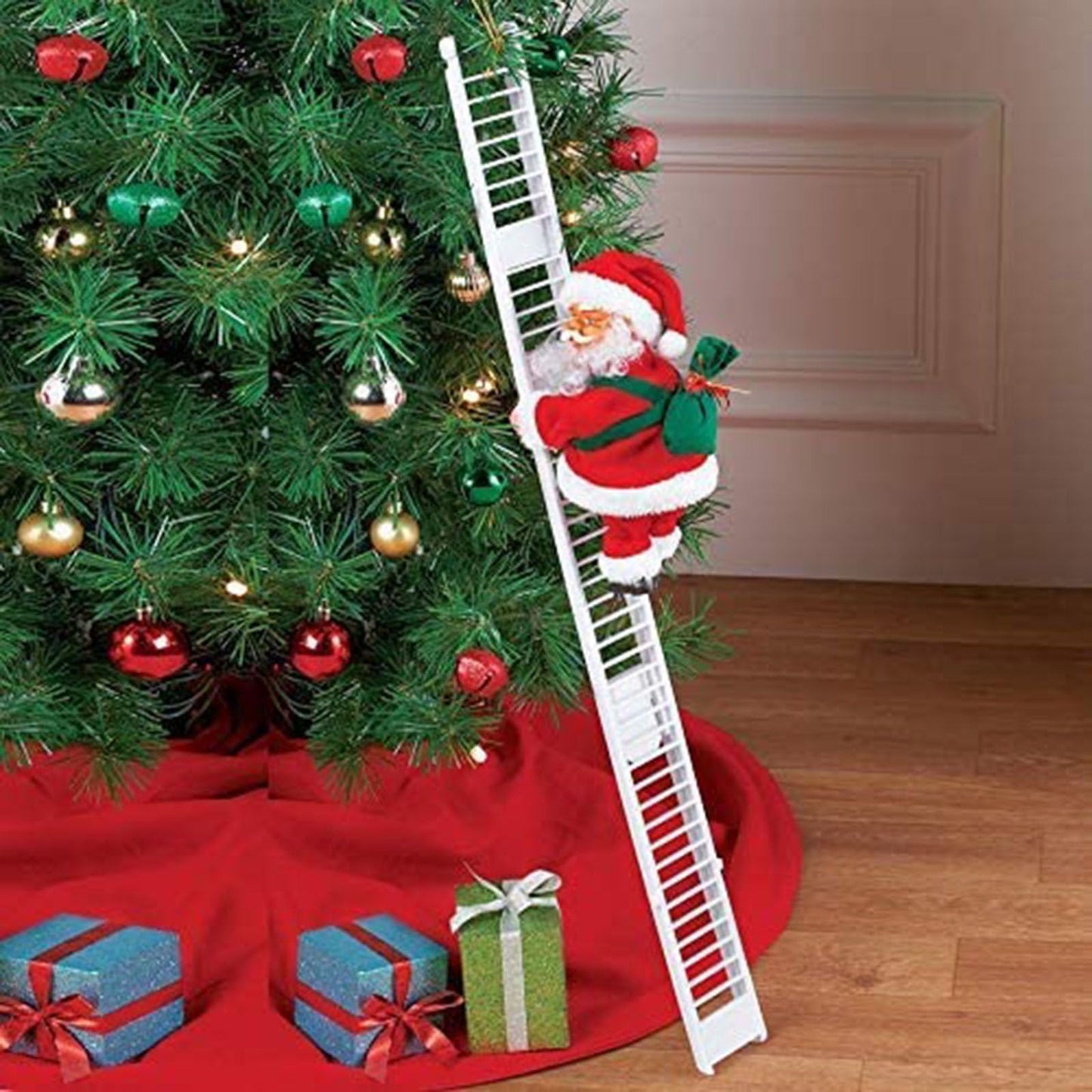 Electric Santa Climbing Up and Down Tree with Music, Bag of Presents - Holiday Decor for Home, Door, Wall - Xmas Ornament