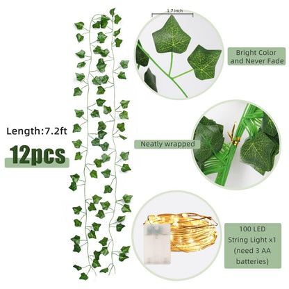 RECUTMS Fake Vines 12 Pack 86 FT Artificial Ivy with 100 LED String Light Leaves Wall Leaf Plants Greenery Garland Hanging Plant Vine for Room Garden Office Wedding Decor