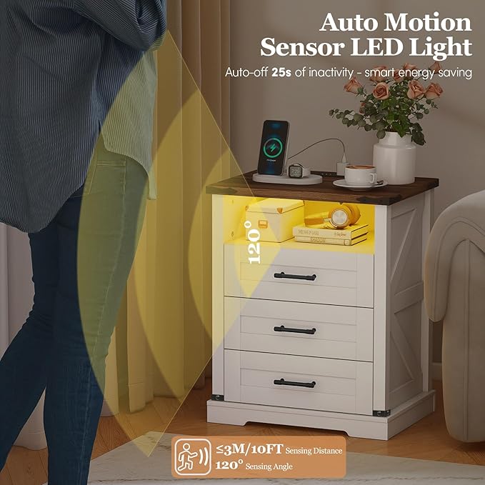 Turosur Night Stand with Charging Station 22" Large Farmhouse Nightstands with