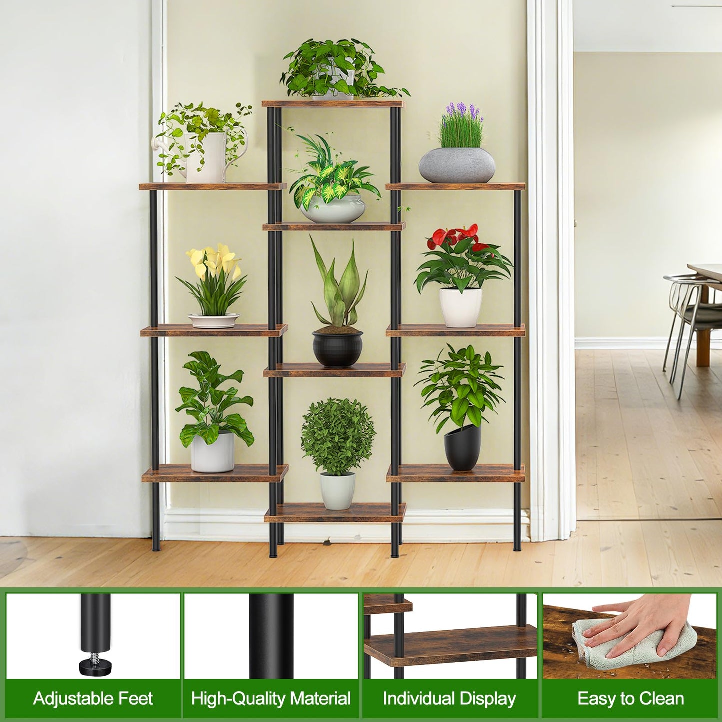 KANEODOT 42" Tall Plant Stand,4-Tier Heavy Duty Plant Shelf,Small Plant Stand Indoor and Outdoor,Living Room,Balcony,Home Office,37''L x 7.8''W x 42''H,Rustic Brown