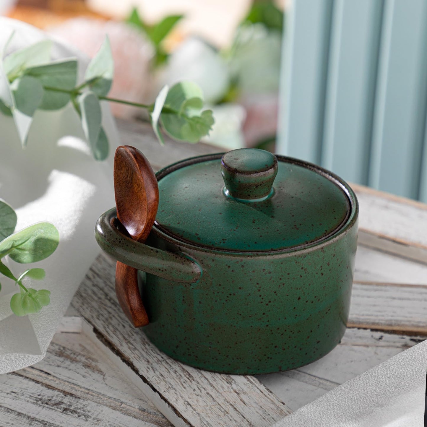 Honeydak 1 Set Speckled Ceramic Salt Cellar with Lid and Wooden Spoon, Rustic Farmhouse Salt Pepper Cellar Holder for Mothers Day, Housewarming Gift, Heavyweight Spices Jar (Green)
