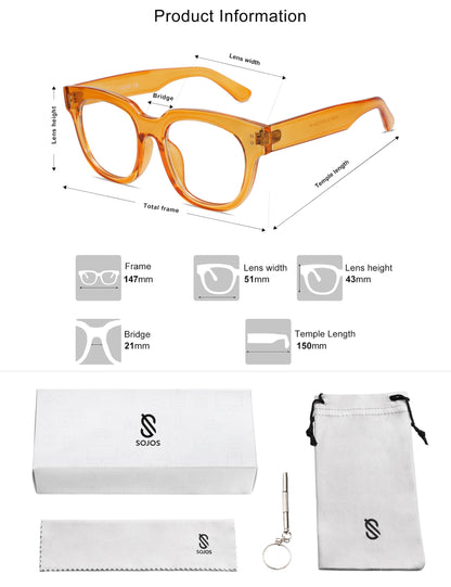 SOJOS Oversized Square Anti Blue Light Blocking Glasses for Women Thick Computer Eyeglasses Double Metal Studs SJ5053 with Crystal Orange Frame/Anti-Blue Light Lens