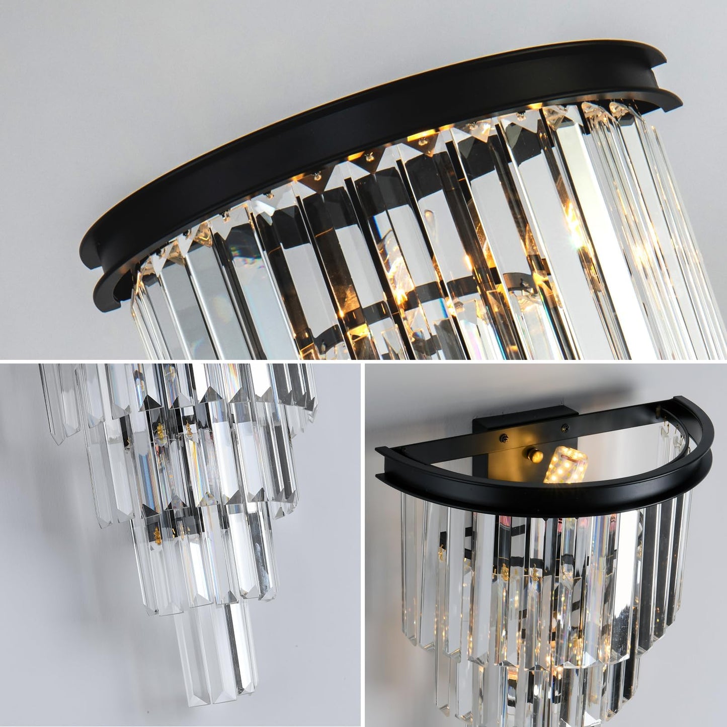 DOYFDOX Black Crystal Wall Sconce, Modern 4-Tiers K9 Clear Crystal Wall Light Bedside Wall Mount Lamp for Living Room Bedroom Mirror Dining Room Hallway Foyer Lighting Fixture