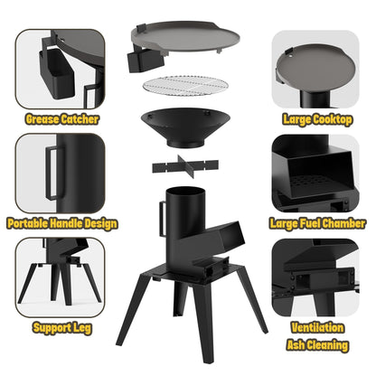 ONLYFIRE GRILLS 3-in-1 Camp Rocket Stove Kit with BBQ Grate, Griddle, Pot Rack, Portable Wood Burning Stove with Detachable Stand, Camping Gear for Outdoor Cooking Patio Barbecue RV Tailgating, GS345