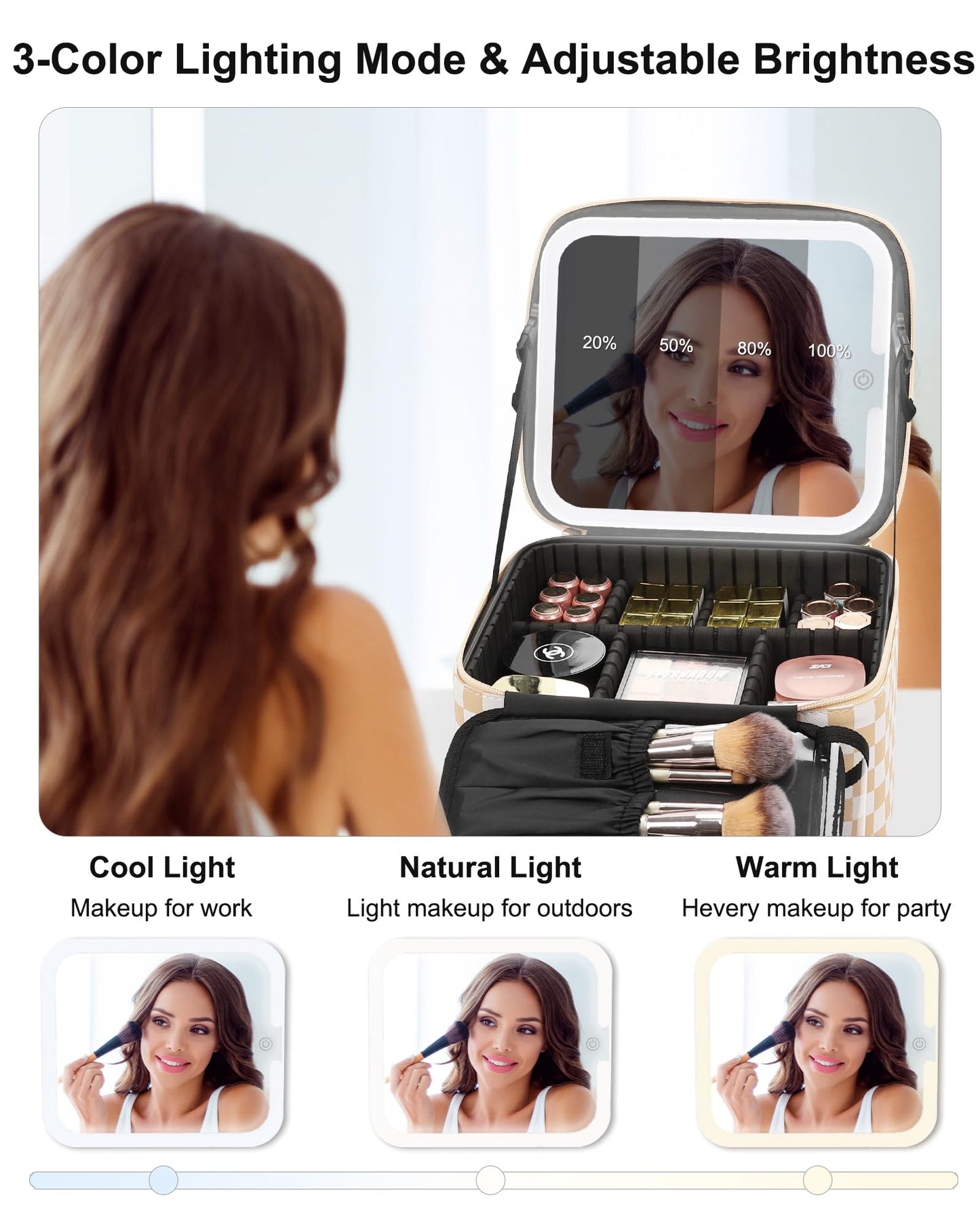 Relavel Travel Makeup Bag With LED Mirror, Cosmetic Train Case with Light up Mirror, Portable Makeup Artist Organizer Bag with Adjustable Dividers, Makeup Brush Holder Storage, Black