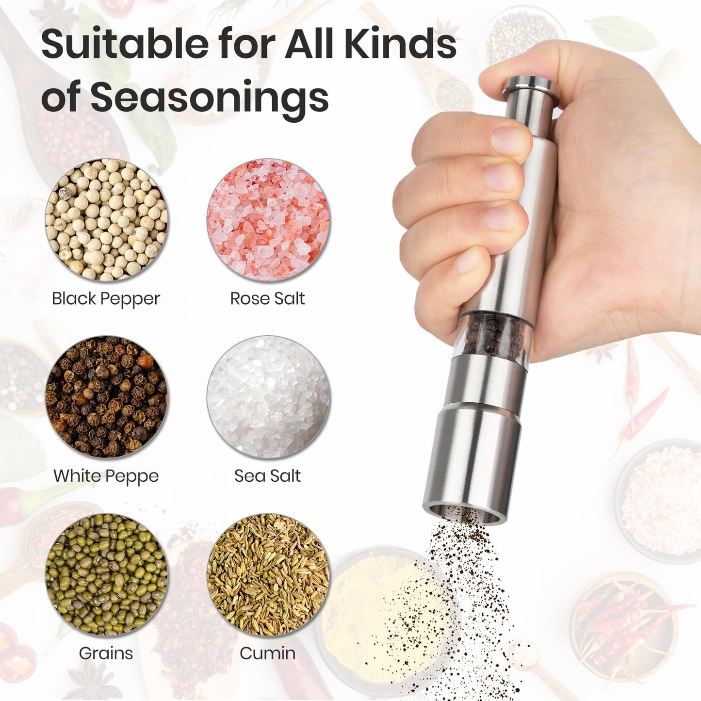 Salt and Pepper Grinder Set,Small Stainless Steel Manual Salt Grinder,Thumb Refillable Mini Salt Grinders Shakers With Base For Kitchen, Home, Travel, Camping, Cooking(Silvery)