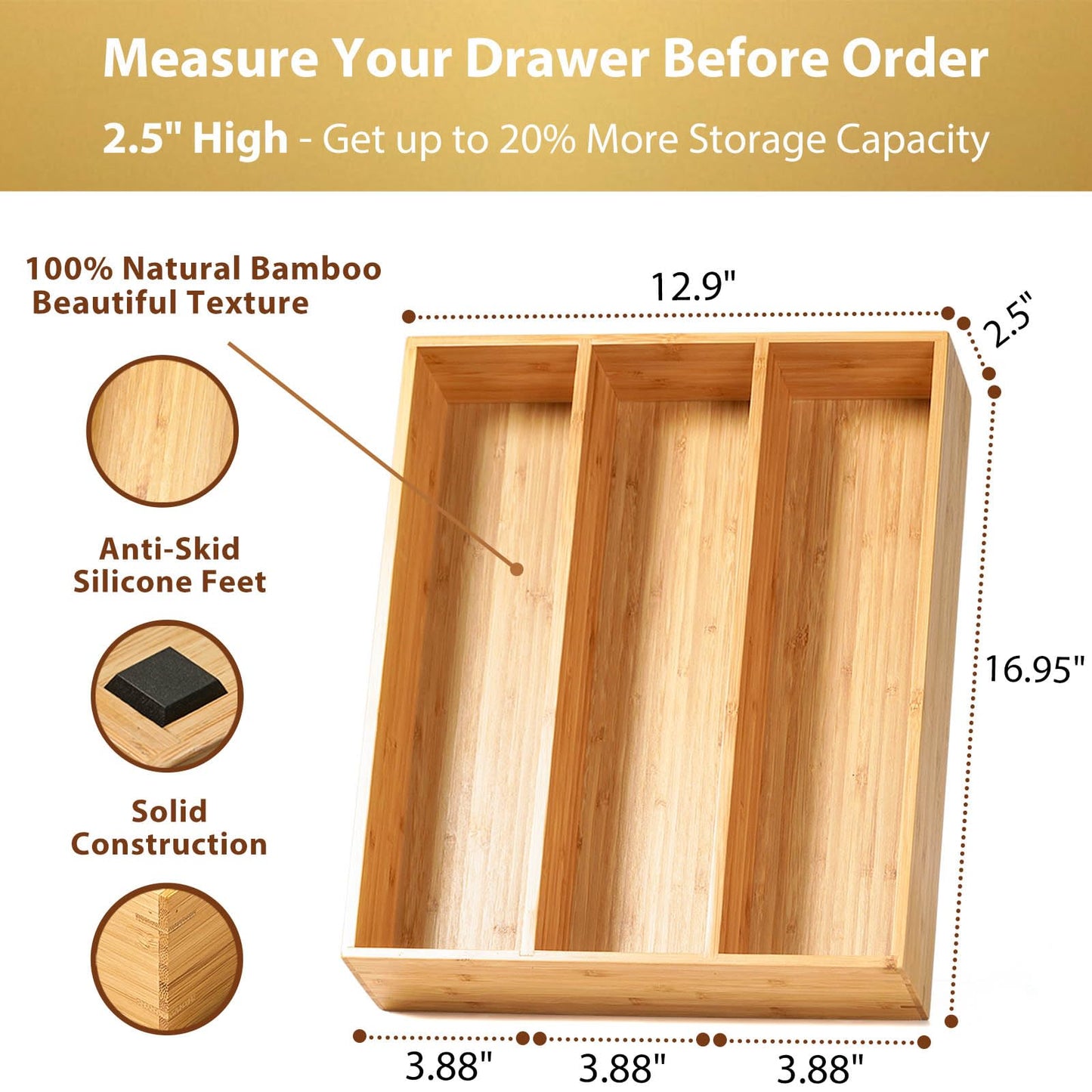 Umilife Bamboo Kitchen Drawer Organizer, 13 Inch Silverware Utensil Tray Holder, Extra Deep Grooved Drawer Divider, 7 Slots Total Bamboo Wood Caddy for Flatware Cutlery Knives, Forks, Spoons