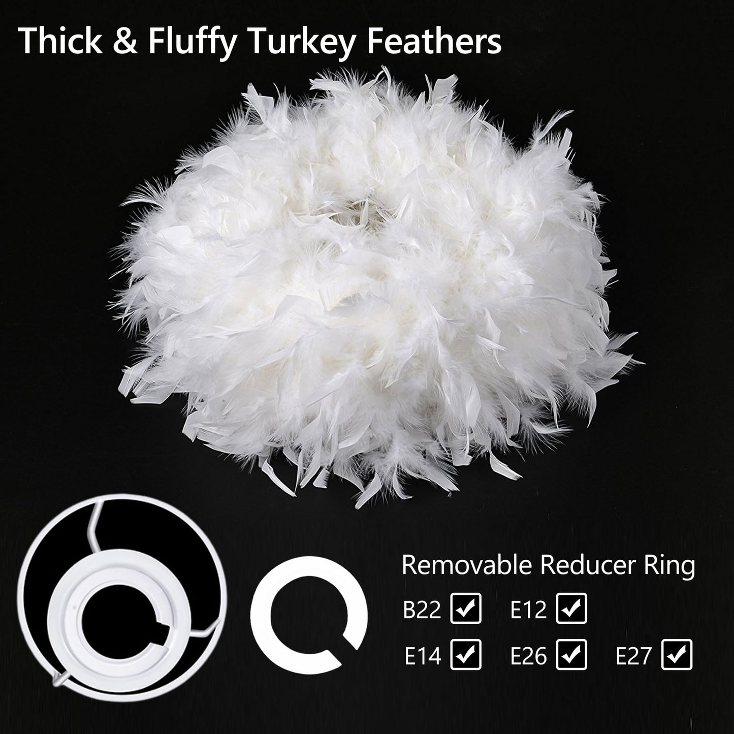 Waneway 40cm White Feather Ceiling Pendant Light Shade, Non-Electrical Lampshade for Floor Lamp and Table Lamp with Shade Reducing Ring for Living Room, Dining Room and Bedroom, ID 30cm, OD 40cm