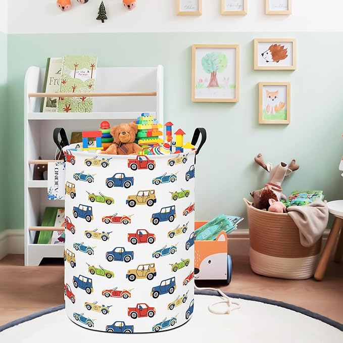 Round Foldable Kids' Racing Cars Laundry Hamper Boys Gift Basket Vehicles