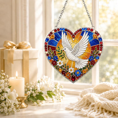 DIY Diamond Art Painting Wreath Kits，Special Shaped Rhinestone Hanging Ornament Diamond Art Window Pendants for Gift Home Garden Wall Hanging Kits,Double Sided (Dove)