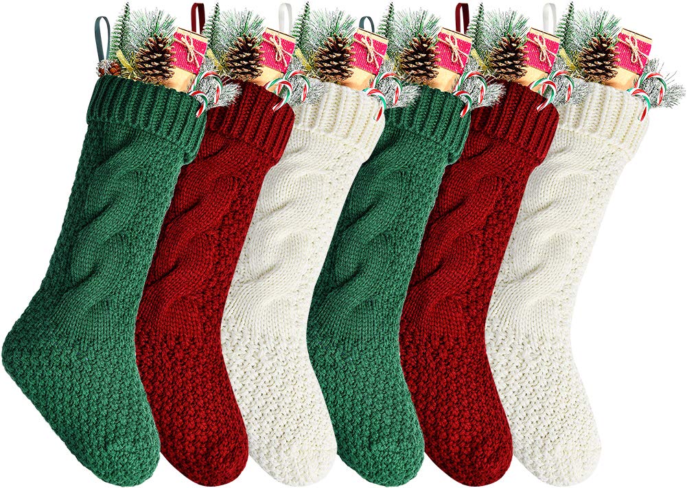Kunyida 18" Unique Burgundy and Ivory and Green Knitted Christmas Stockings,6 Pack