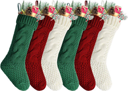 Kunyida 18" Unique Burgundy and Ivory and Green Knitted Christmas Stockings,6 Pack