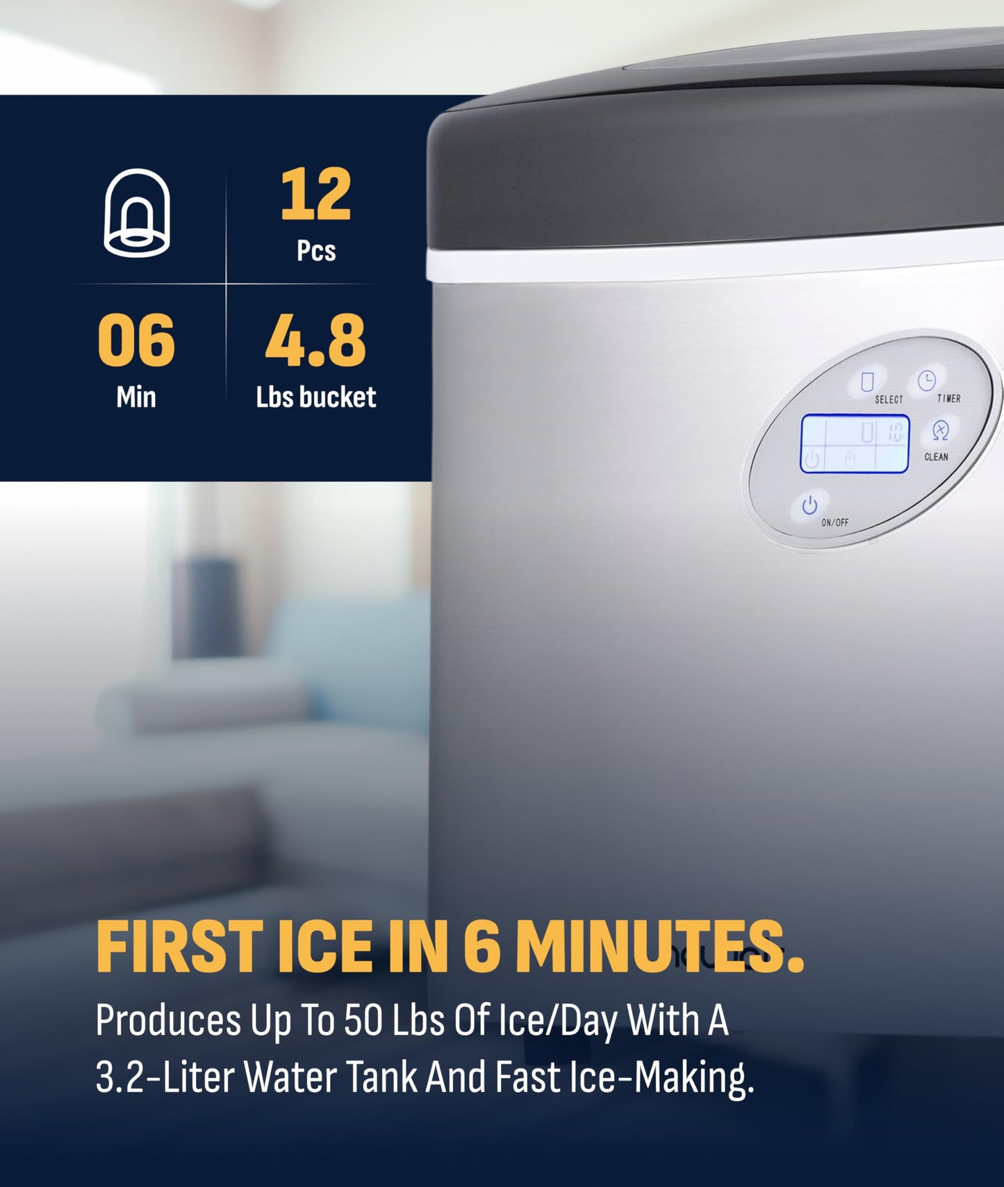 NewAir 50 lb. Countertop Ice Maker | Portable Bullet Ice Machine | 12 Cubes in 7 Minutes, 3 Ice Sizes | Stainless Steel, Self-Cleaning, BPA-Free