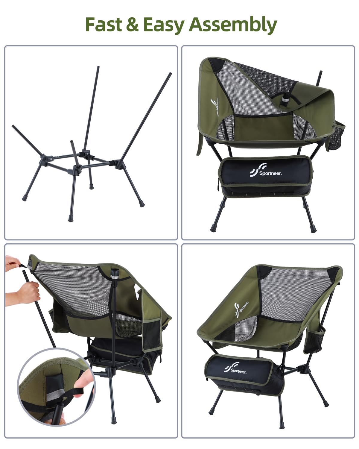 Sportneer Camping Chairs, Lightweight Outdoor Chairs with 2 Side Pockets & Storage Bag, Foldable & Portable Lawn Chairs for Camping Hiking Lawn Picnic Beach Outdoor Travel (2, Green)