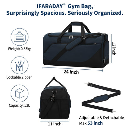 iFARADAY 52L Men's Gym Bag with Shoe Compartment - 24-inch Duffle Bag for Travel, Sports, Fitness & Workout (Navy Blue)