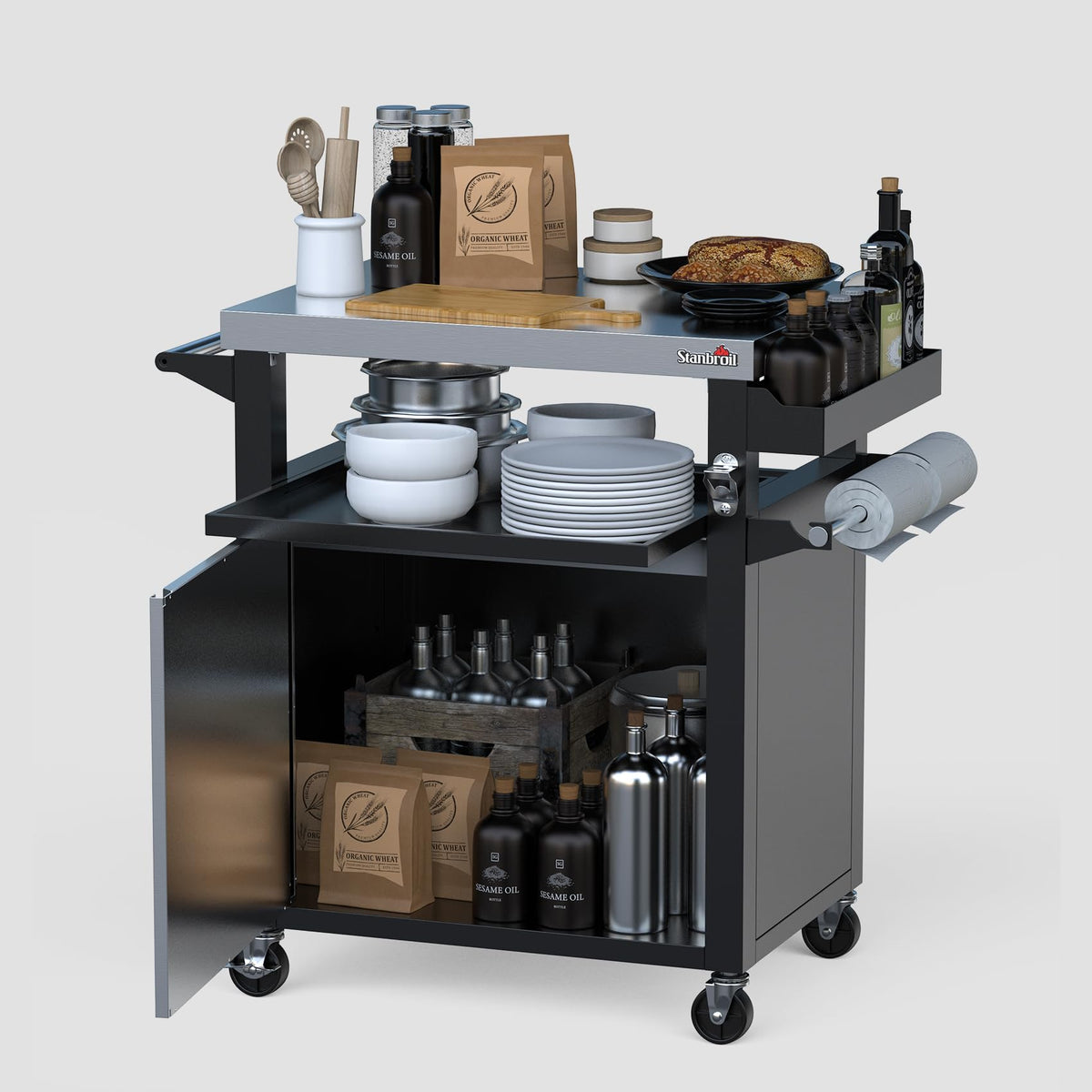 Stanbroil Rolling Grill Table Cart with Storage Cabinet, 3-Shelf Movable Prep Table Outdoor Bar, Multifunctional Grill Cart with Stainless Steel Tabletop, Paper Towel Holder