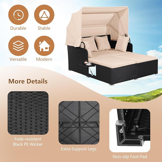 COSTWAY Outdoor Daybed with Retractable Canopy, Patio Rattan Daybed with