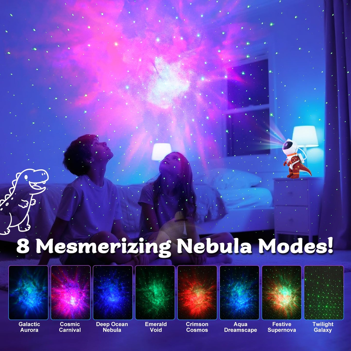 LOVME Galaxy Star Projection Night Light, Dinosaur Astronaut Space Projector with 8 Modes Starry Nebula Effects, Timer & Remote Control, Bedroom Ceiling Decor for Kids, Christmas Birthday Gift(Red)